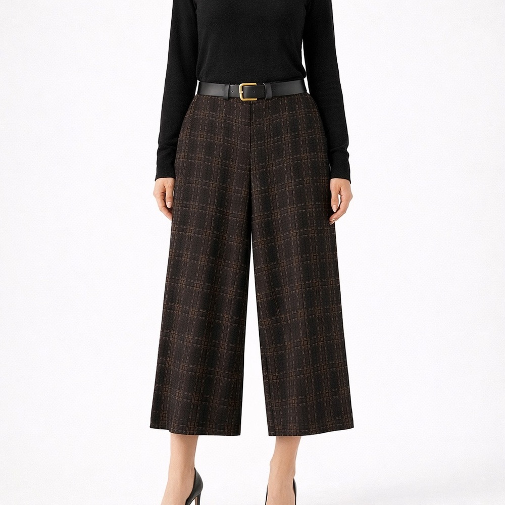 Talbots Wide-Leg Plaid Cropped Pants in Black -size 10